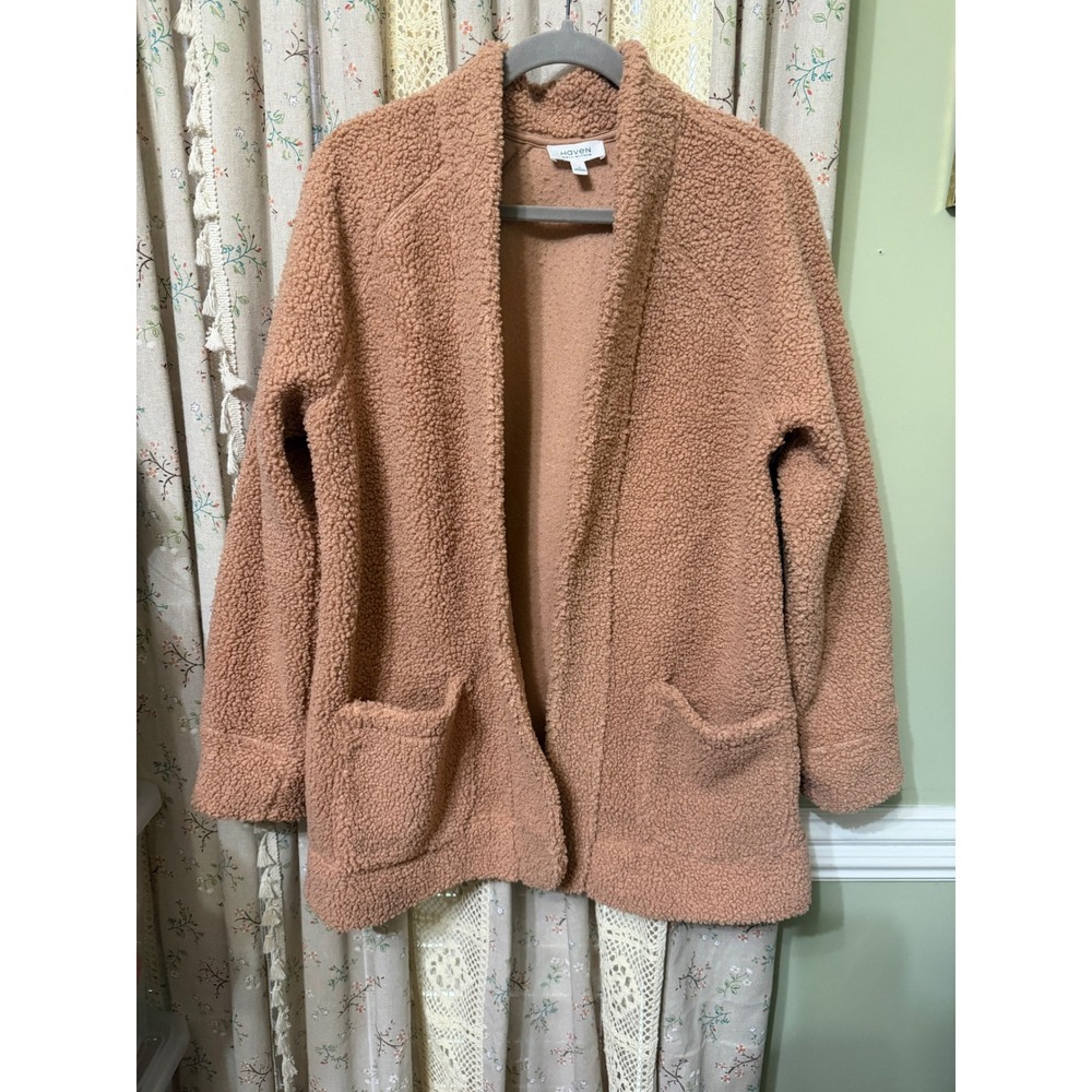 Haven Well Within Teddy Sherpa Cardigan Medium Camel Open Front Fleece Coat